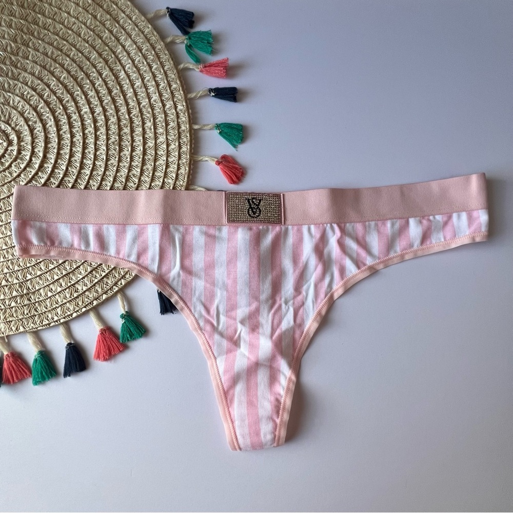 Victoria's Secret Logo Cotton Shine Patch Thong Panty Pretty Blossom Stripe L